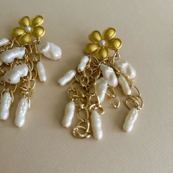 Gold and Pearl Flower Drop Earrings #1653 - Picture 4 of 4